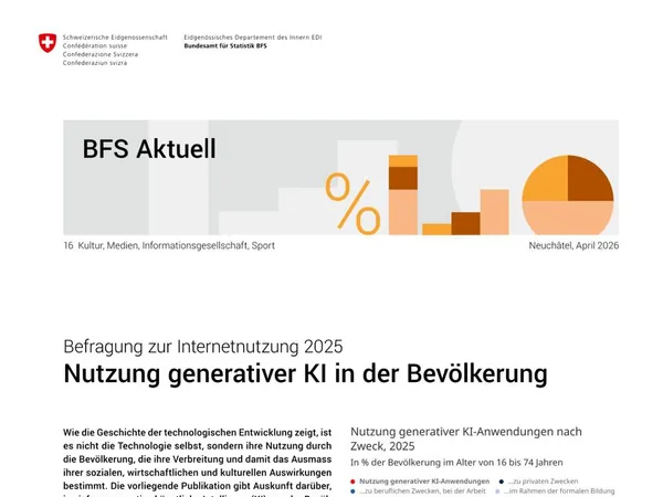 Titelseite der BFS-Aktuell-Publikation «Nutzung generativer KI in der Bevölkerung» (April 2026)