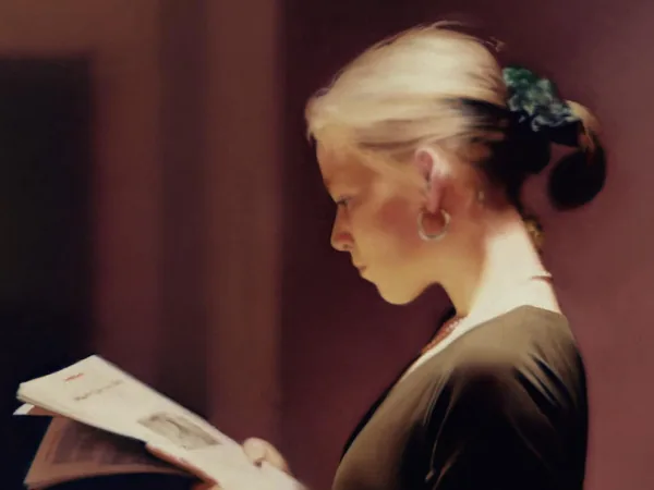 Gemälde einer jungen Frau, die vertieft in einer Zeitschrift/Publikation liest — Symbolbild zum OECD Digital Education Outlook 2026